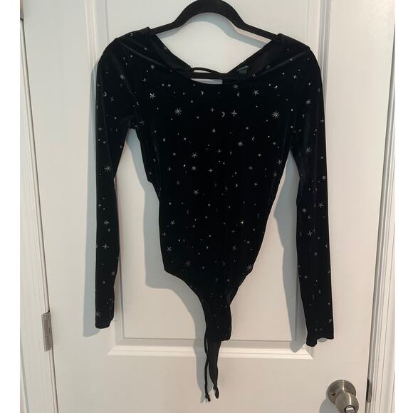 Wild Fable Velvet Stars & Moons Long Sleeve Keyhole Open Back Bodysuit Black S - Picture 3 of 9